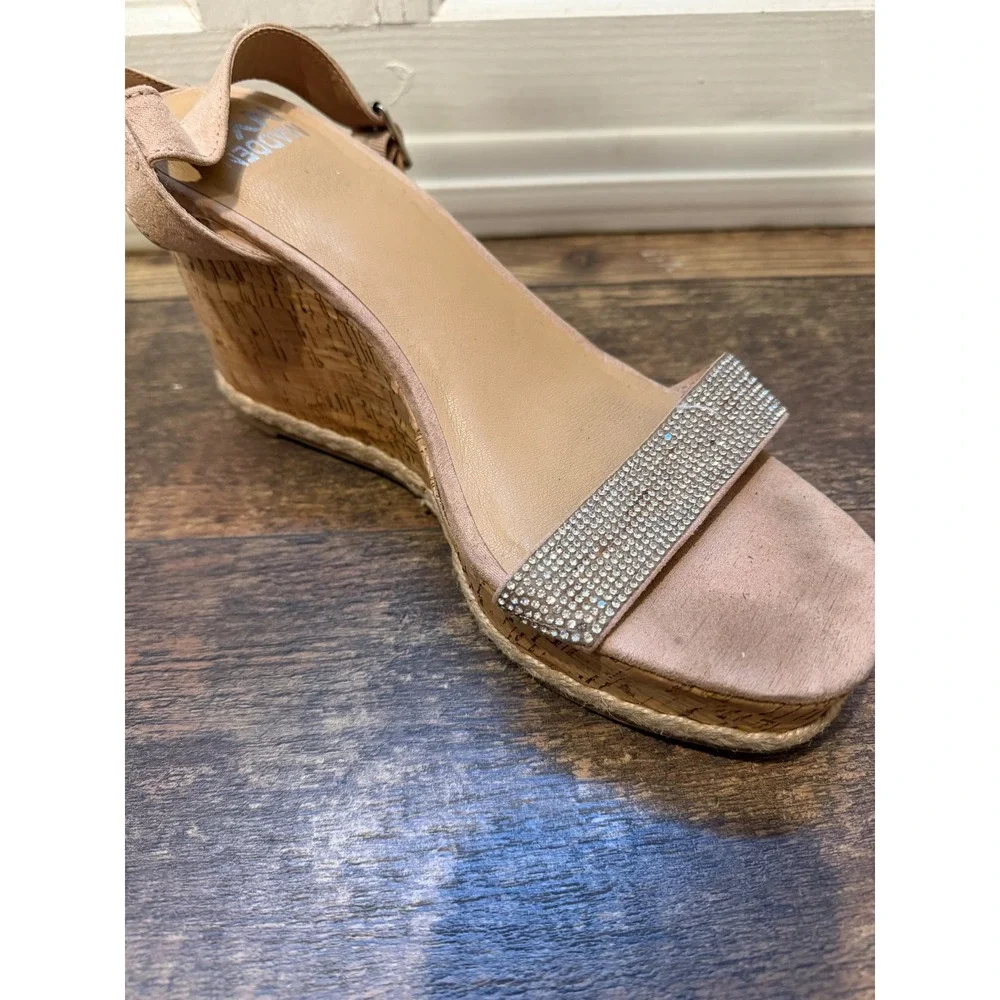 Madden NYC Womens Rhinestone Cork Wedge Sandals Nude Pink Size 10W‎ Wide